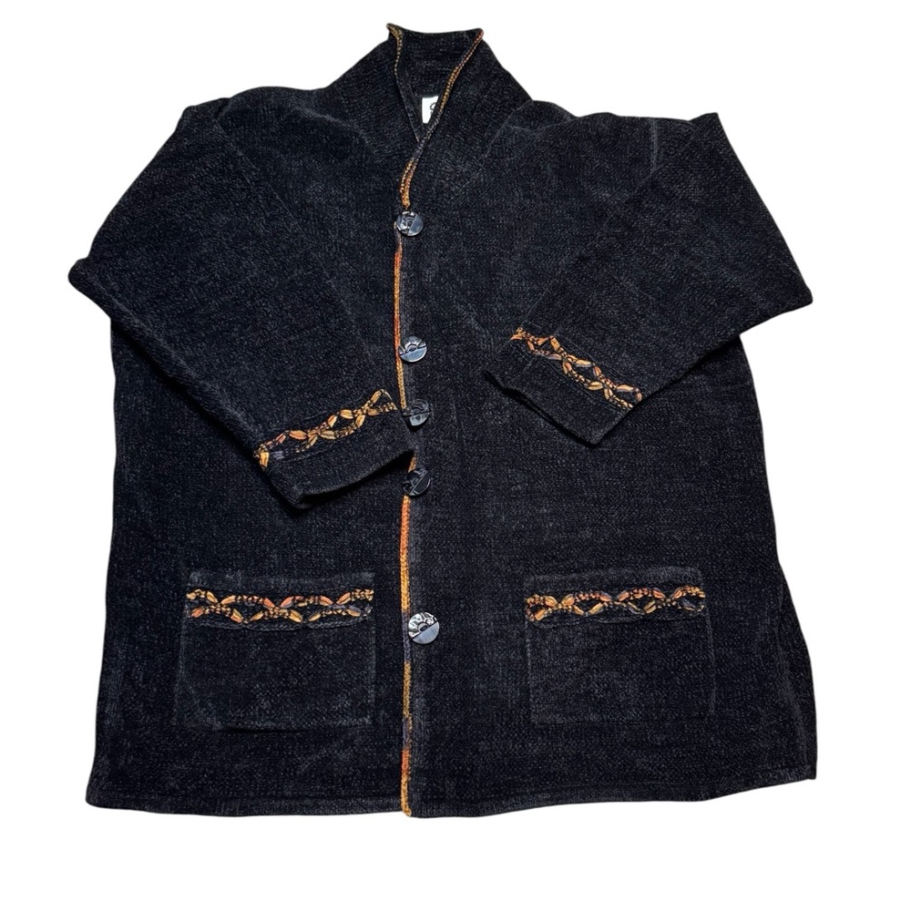 🖤 CAROL HORN Vintage Cardigan Jacket L 100% Viscose Boho Chic Black & Orange 🧡